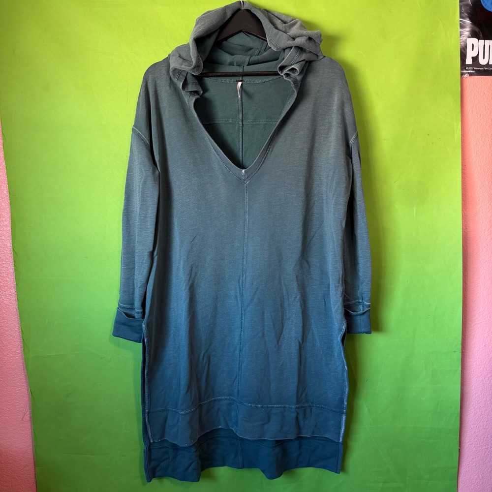 Free People Teal Green V-Neck Hoodie Dress Long Sleeve Side Slit Mini Small